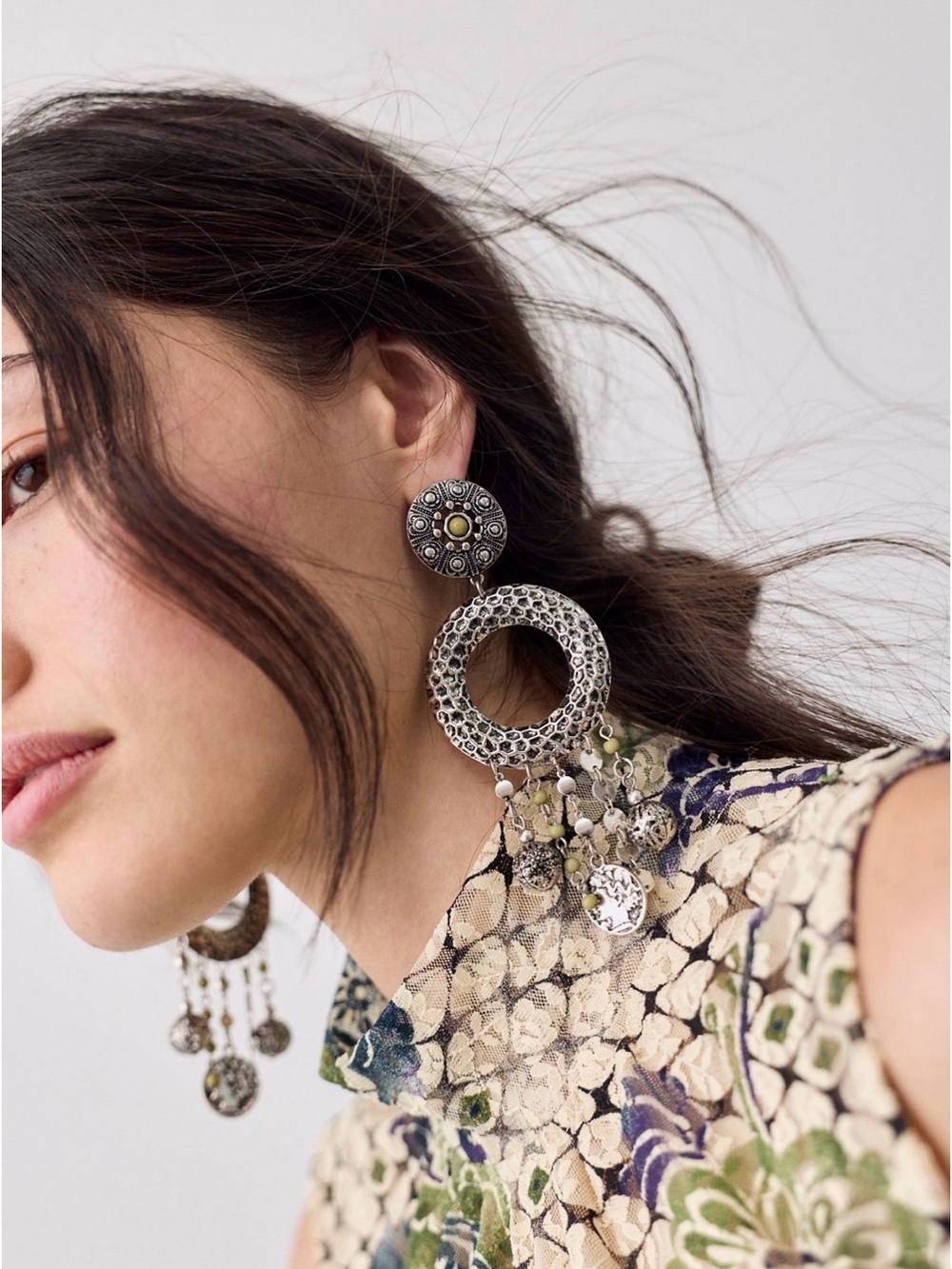 Free People Antique Plated Silver & Sage Beaded Dangle Statement Earrings - Picture 2 of 5